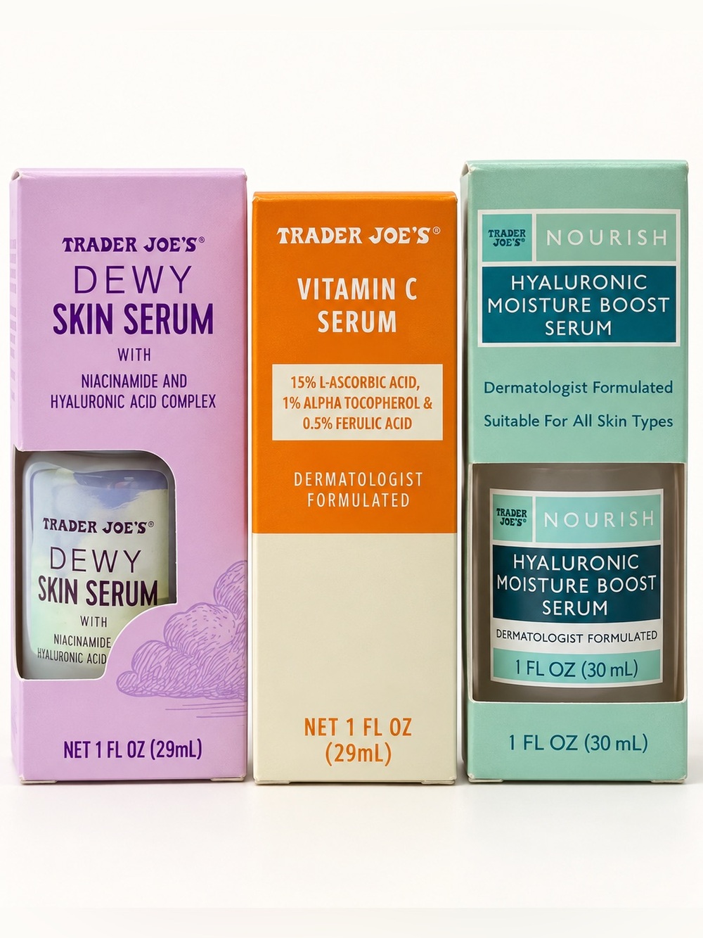 NEW • Trader Joe's 3-Piece Serum Set • Vitamin C + Hyaluronic + Niacinamide